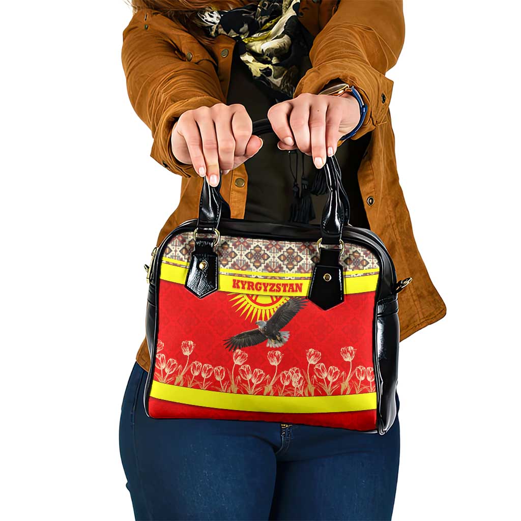 Kyrgyzstan Eagle and Tulip Shoulder Handbag with Red Ethnic Pattern with National Sun Emblem - Wonder Print Shop
