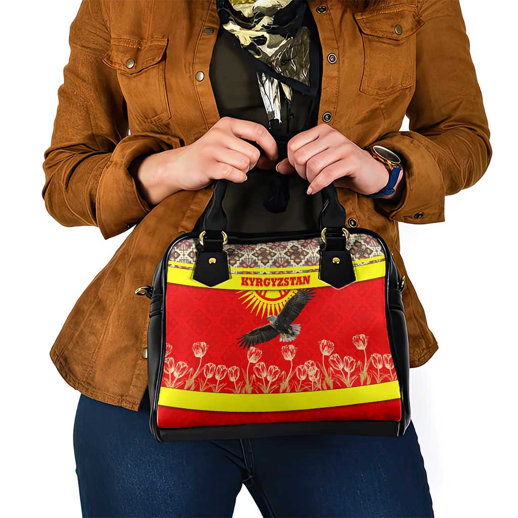 Kyrgyzstan Eagle and Tulip Shoulder Handbag with Red Ethnic Pattern with National Sun Emblem - Wonder Print Shop