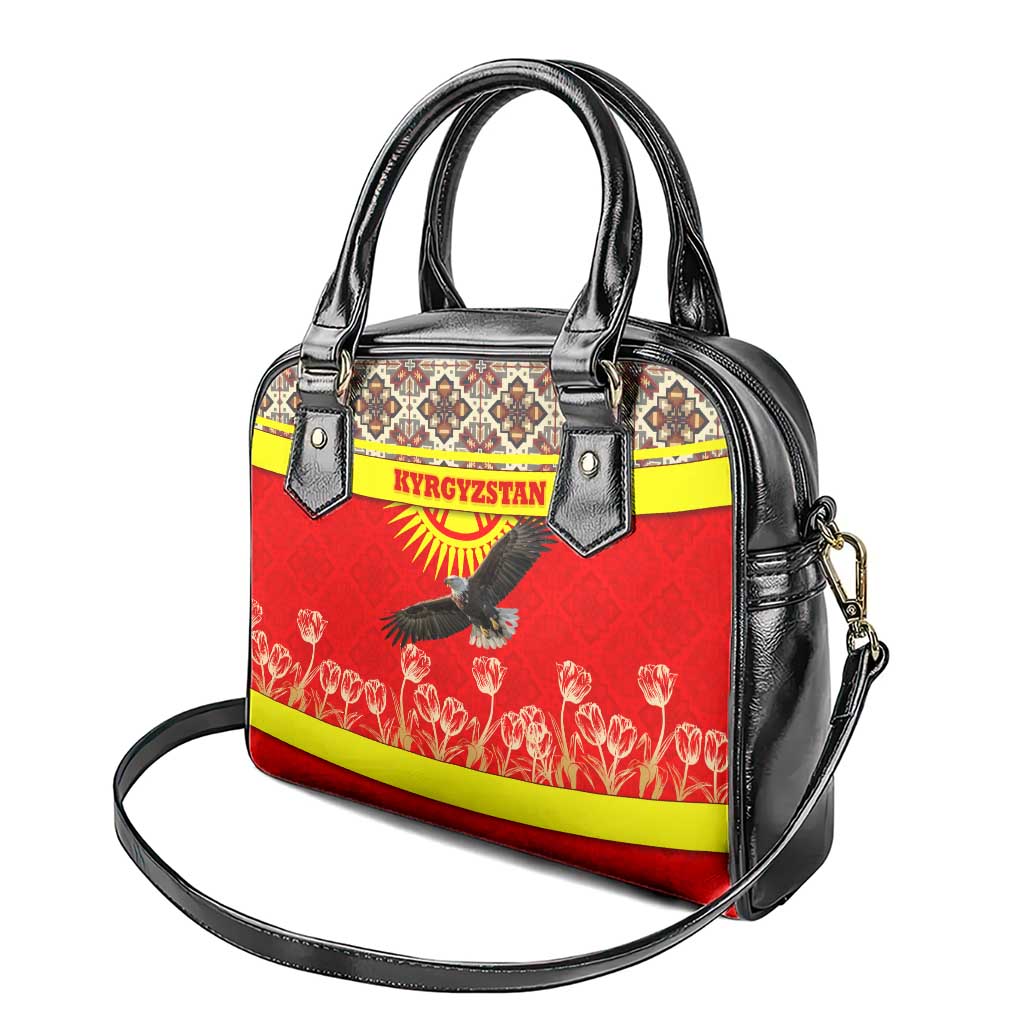 Kyrgyzstan Eagle and Tulip Shoulder Handbag with Red Ethnic Pattern with National Sun Emblem - Wonder Print Shop