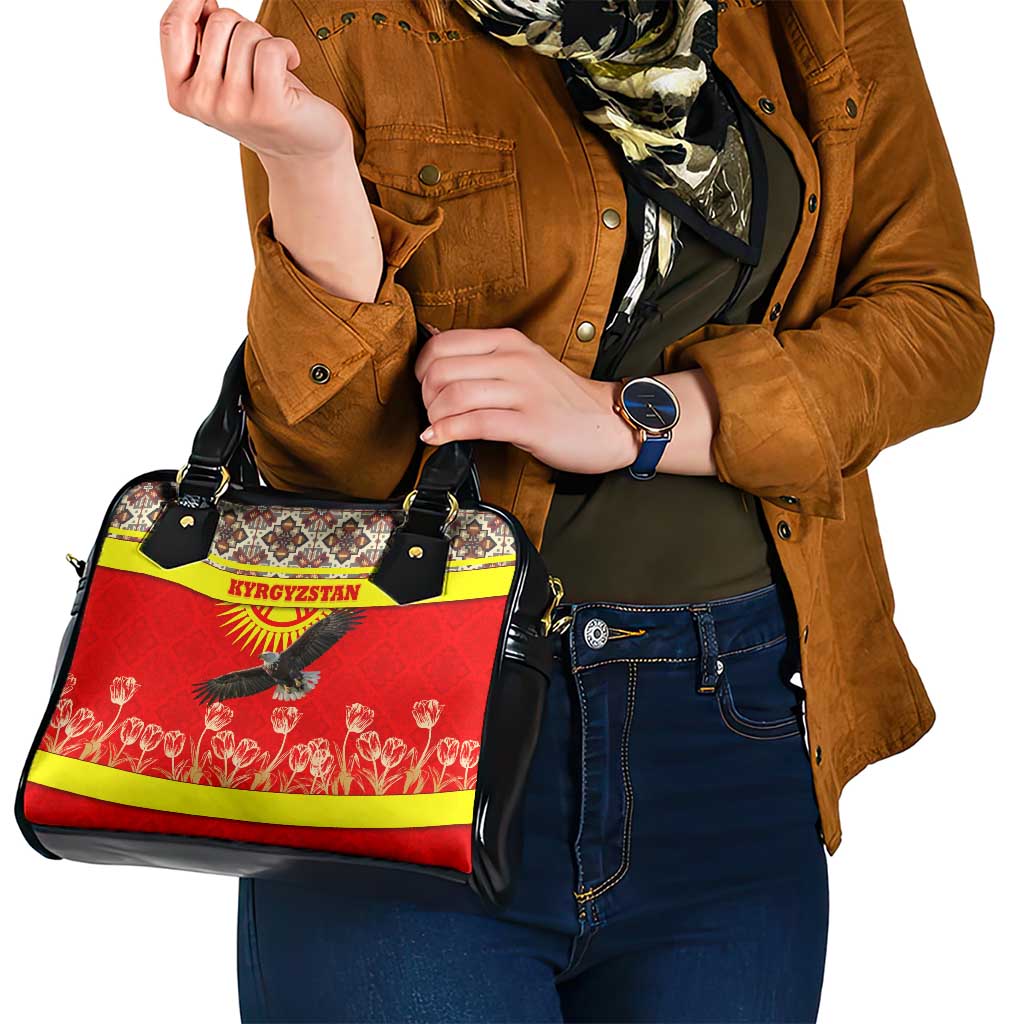 Kyrgyzstan Eagle and Tulip Shoulder Handbag with Red Ethnic Pattern with National Sun Emblem - Wonder Print Shop