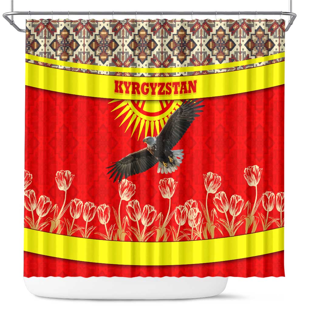 Kyrgyzstan Eagle and Tulip Shower Curtain with Red Ethnic Pattern with National Sun Emblem - Wonder Print Shop
