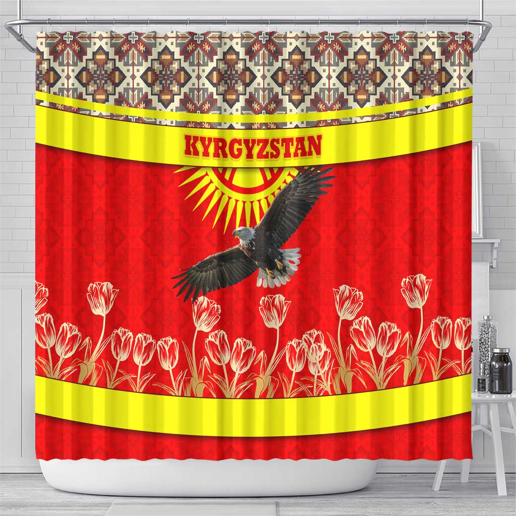 Kyrgyzstan Eagle and Tulip Shower Curtain with Red Ethnic Pattern with National Sun Emblem - Wonder Print Shop