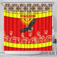 Kyrgyzstan Eagle and Tulip Shower Curtain with Red Ethnic Pattern with National Sun Emblem - Wonder Print Shop