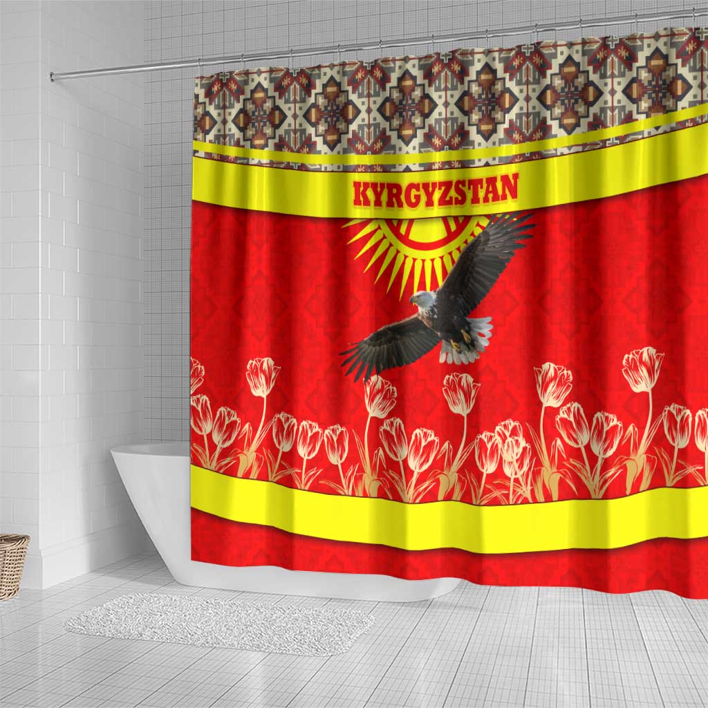 Kyrgyzstan Eagle and Tulip Shower Curtain with Red Ethnic Pattern with National Sun Emblem - Wonder Print Shop