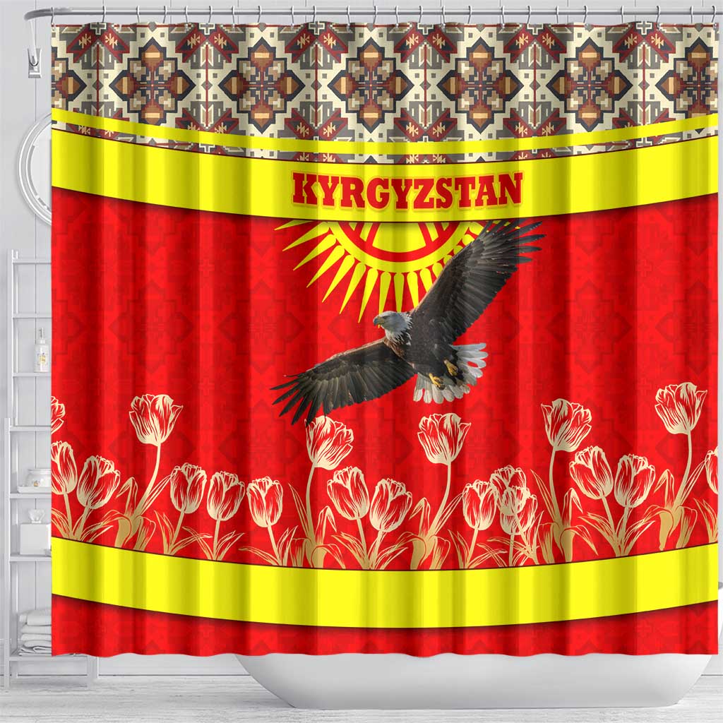 Kyrgyzstan Eagle and Tulip Shower Curtain with Red Ethnic Pattern with National Sun Emblem - Wonder Print Shop