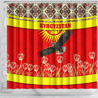 Kyrgyzstan Eagle and Tulip Shower Curtain with Red Ethnic Pattern with National Sun Emblem - Wonder Print Shop