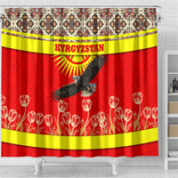 Kyrgyzstan Eagle and Tulip Shower Curtain with Red Ethnic Pattern with National Sun Emblem - Wonder Print Shop