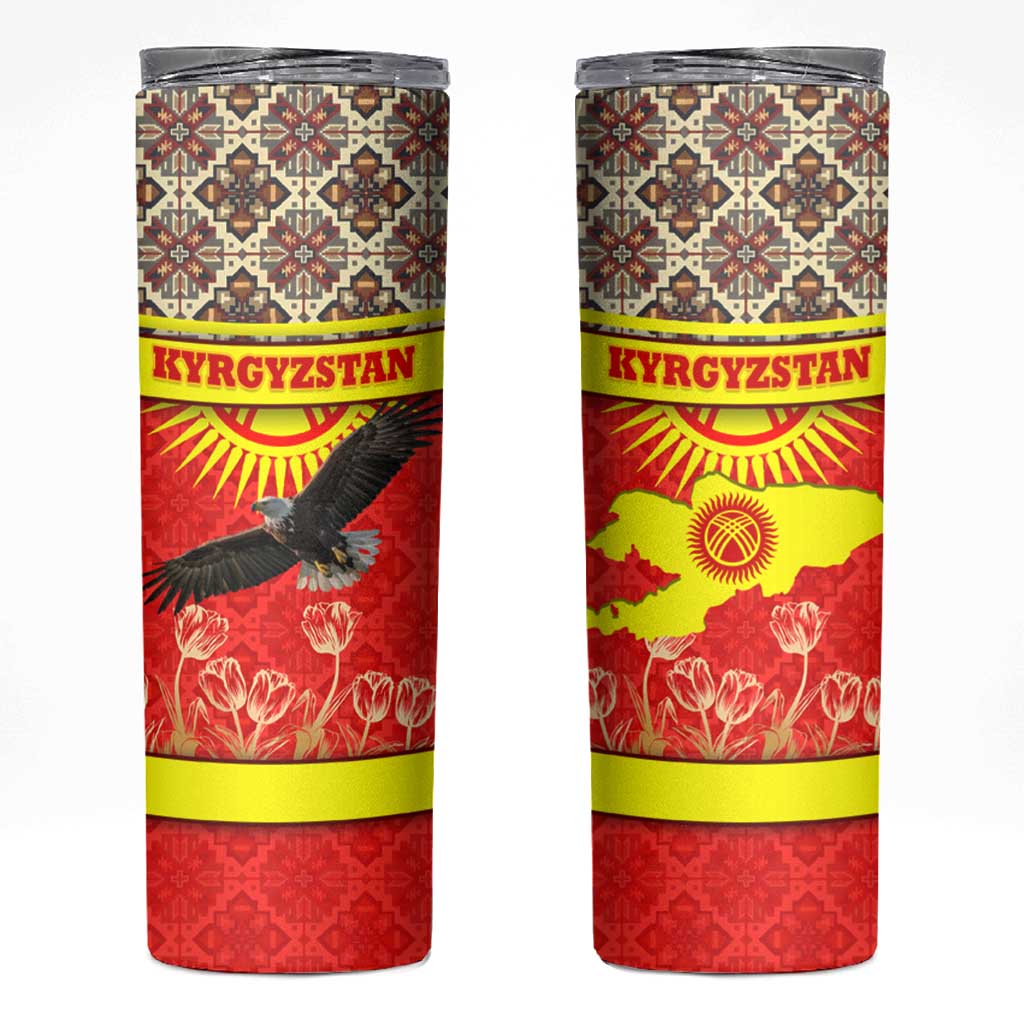 Kyrgyzstan Eagle and Tulip Skinny Tumbler with Red Ethnic Pattern with National Sun Emblem - Wonder Print Shop