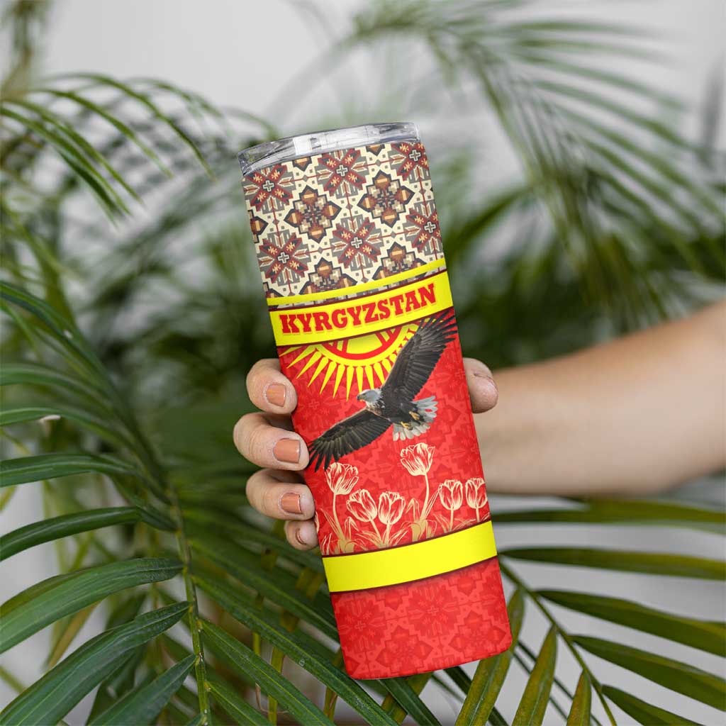 Kyrgyzstan Eagle and Tulip Skinny Tumbler with Red Ethnic Pattern with National Sun Emblem - Wonder Print Shop