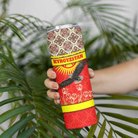 Kyrgyzstan Eagle and Tulip Skinny Tumbler with Red Ethnic Pattern with National Sun Emblem - Wonder Print Shop