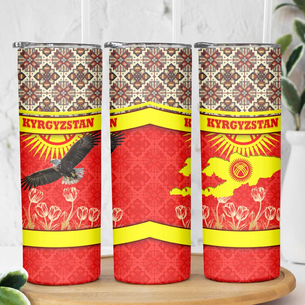 Kyrgyzstan Eagle and Tulip Skinny Tumbler with Red Ethnic Pattern with National Sun Emblem - Wonder Print Shop