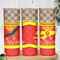Kyrgyzstan Eagle and Tulip Skinny Tumbler with Red Ethnic Pattern with National Sun Emblem - Wonder Print Shop