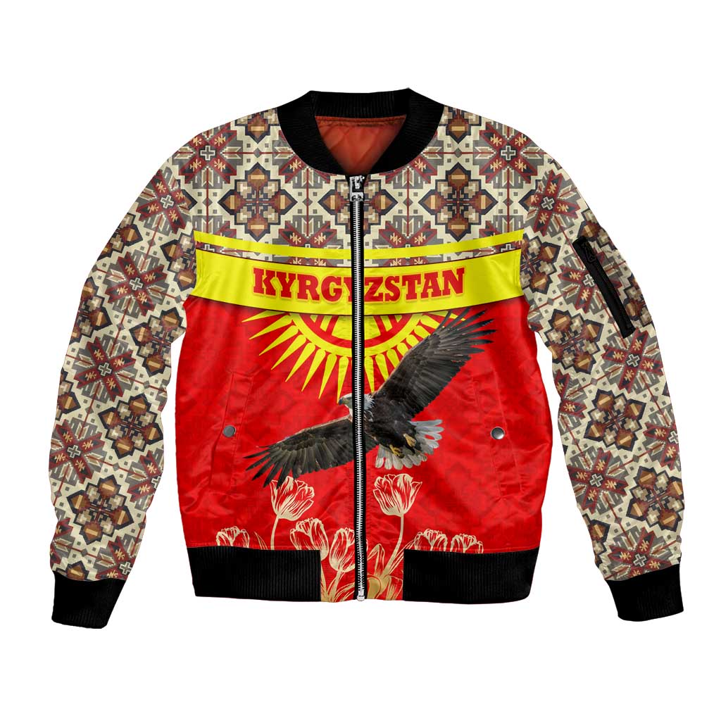 Kyrgyzstan Eagle and Tulip Sleeve Zip Bomber Jacket with Red Ethnic Pattern with National Sun Emblem - Wonder Print Shop