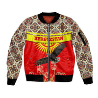 Kyrgyzstan Eagle and Tulip Sleeve Zip Bomber Jacket with Red Ethnic Pattern with National Sun Emblem - Wonder Print Shop