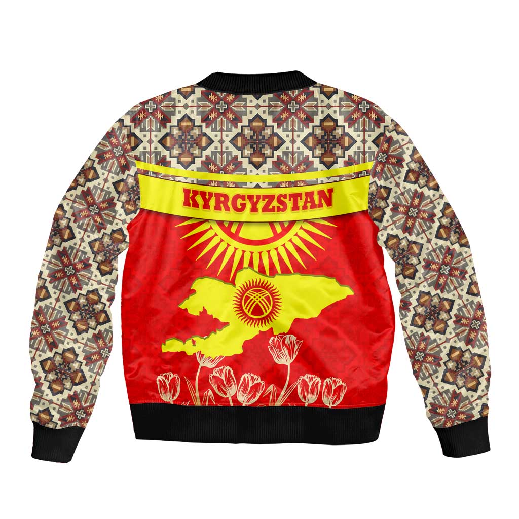 Kyrgyzstan Eagle and Tulip Sleeve Zip Bomber Jacket with Red Ethnic Pattern with National Sun Emblem - Wonder Print Shop