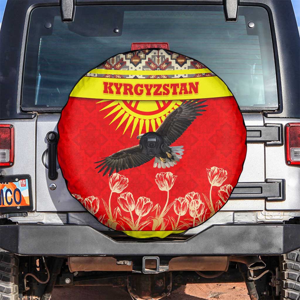Kyrgyzstan Eagle and Tulip Spare Tire Cover with Red Ethnic Pattern with National Sun Emblem - Wonder Print Shop