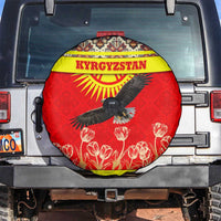 Kyrgyzstan Eagle and Tulip Spare Tire Cover with Red Ethnic Pattern with National Sun Emblem - Wonder Print Shop