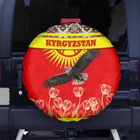 Kyrgyzstan Eagle and Tulip Spare Tire Cover with Red Ethnic Pattern with National Sun Emblem - Wonder Print Shop