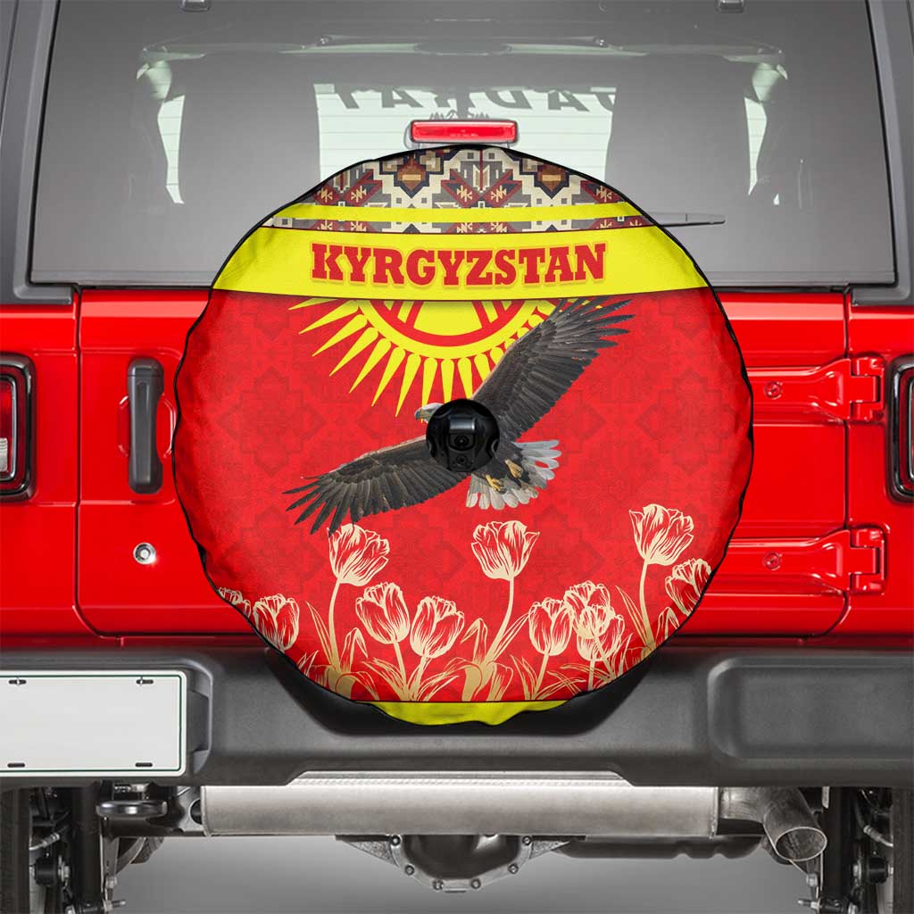 Kyrgyzstan Eagle and Tulip Spare Tire Cover with Red Ethnic Pattern with National Sun Emblem - Wonder Print Shop