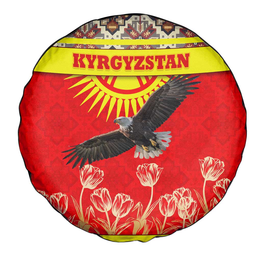 Kyrgyzstan Eagle and Tulip Spare Tire Cover with Red Ethnic Pattern with National Sun Emblem - Wonder Print Shop