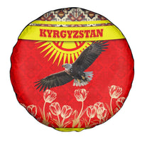 Kyrgyzstan Eagle and Tulip Spare Tire Cover with Red Ethnic Pattern with National Sun Emblem - Wonder Print Shop