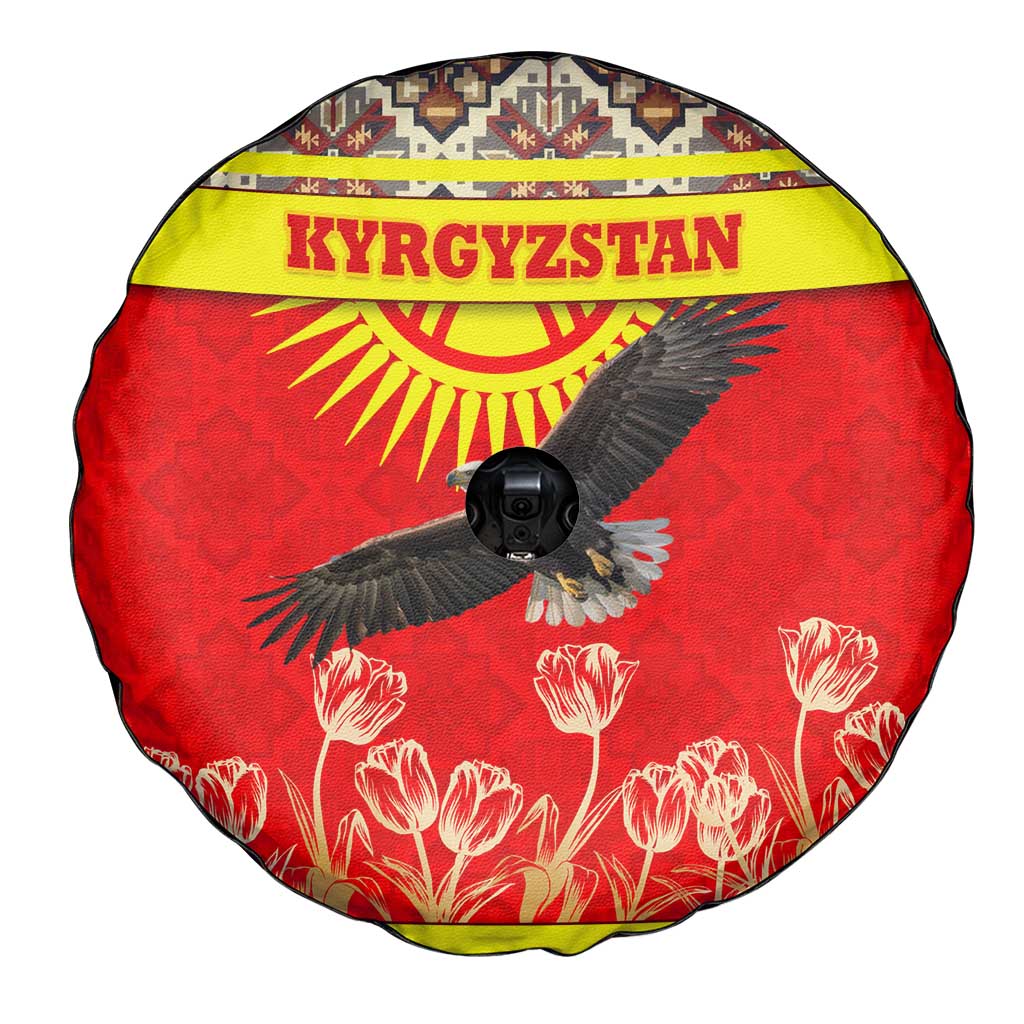 Kyrgyzstan Eagle and Tulip Spare Tire Cover with Red Ethnic Pattern with National Sun Emblem - Wonder Print Shop