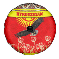 Kyrgyzstan Eagle and Tulip Spare Tire Cover with Red Ethnic Pattern with National Sun Emblem - Wonder Print Shop