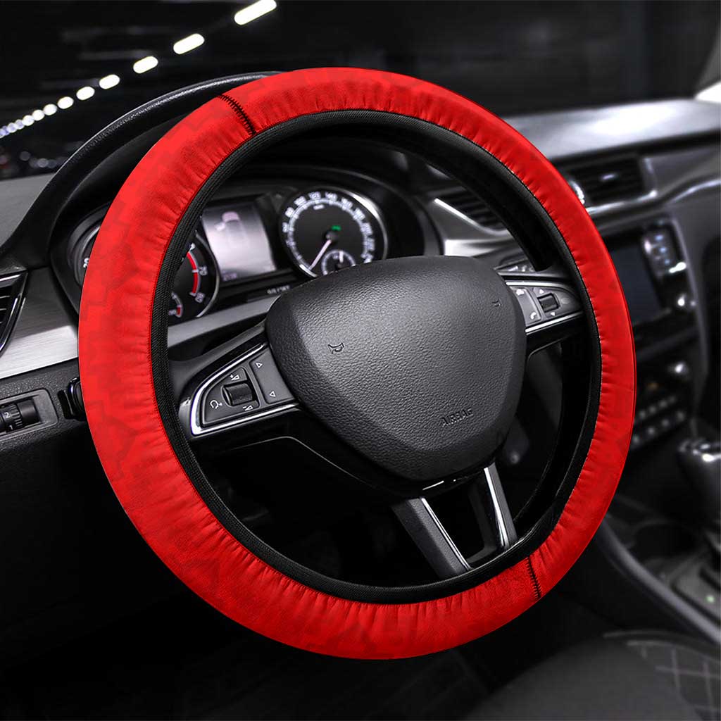Kyrgyzstan Eagle and Tulip Steering Wheel Cover with Red Ethnic Pattern with National Sun Emblem - Wonder Print Shop