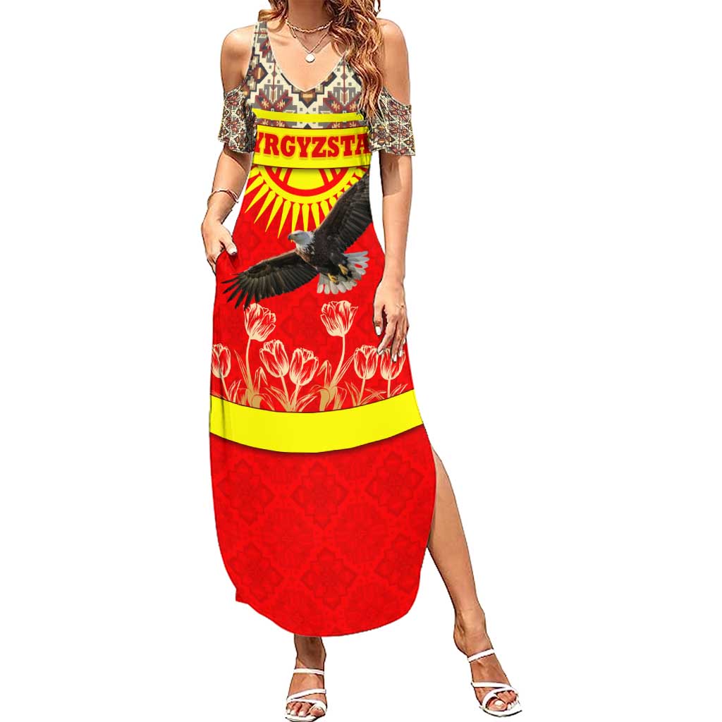 Kyrgyzstan Eagle and Tulip Summer Maxi Dress with Red Ethnic Pattern with National Sun Emblem - Wonder Print Shop