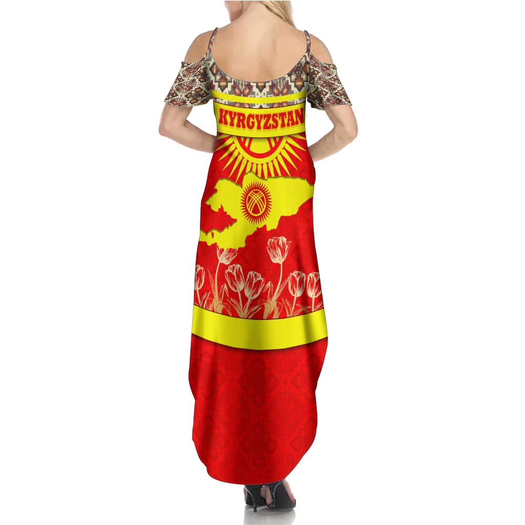 Kyrgyzstan Eagle and Tulip Summer Maxi Dress with Red Ethnic Pattern with National Sun Emblem - Wonder Print Shop