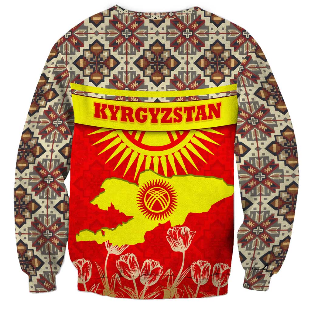 Kyrgyzstan Eagle and Tulip Sweatshirt with Red Ethnic Pattern with National Sun Emblem - Wonder Print Shop