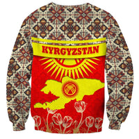Kyrgyzstan Eagle and Tulip Sweatshirt with Red Ethnic Pattern with National Sun Emblem - Wonder Print Shop