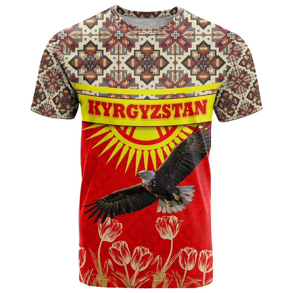Kyrgyzstan Eagle and Tulip T Shirt with Red Ethnic Pattern with National Sun Emblem - Wonder Print Shop
