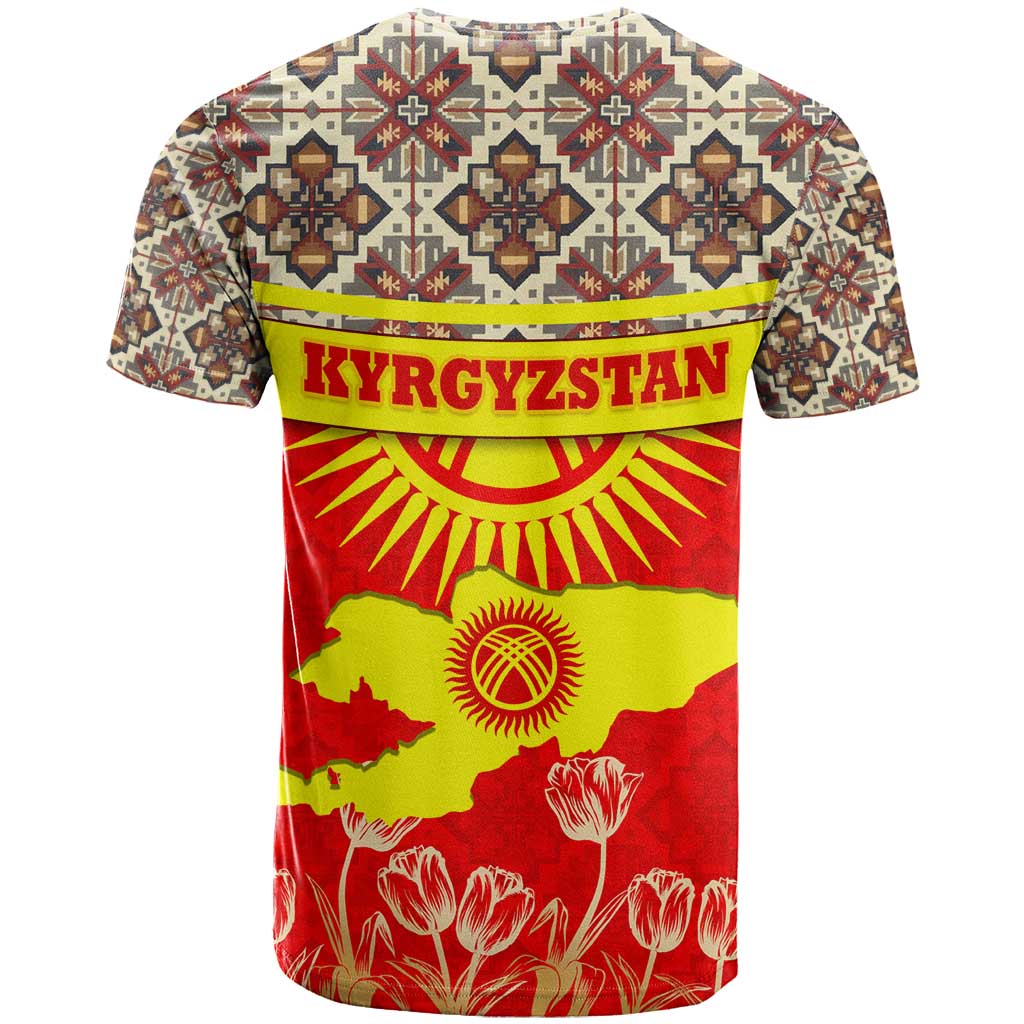 Kyrgyzstan Eagle and Tulip T Shirt with Red Ethnic Pattern with National Sun Emblem - Wonder Print Shop