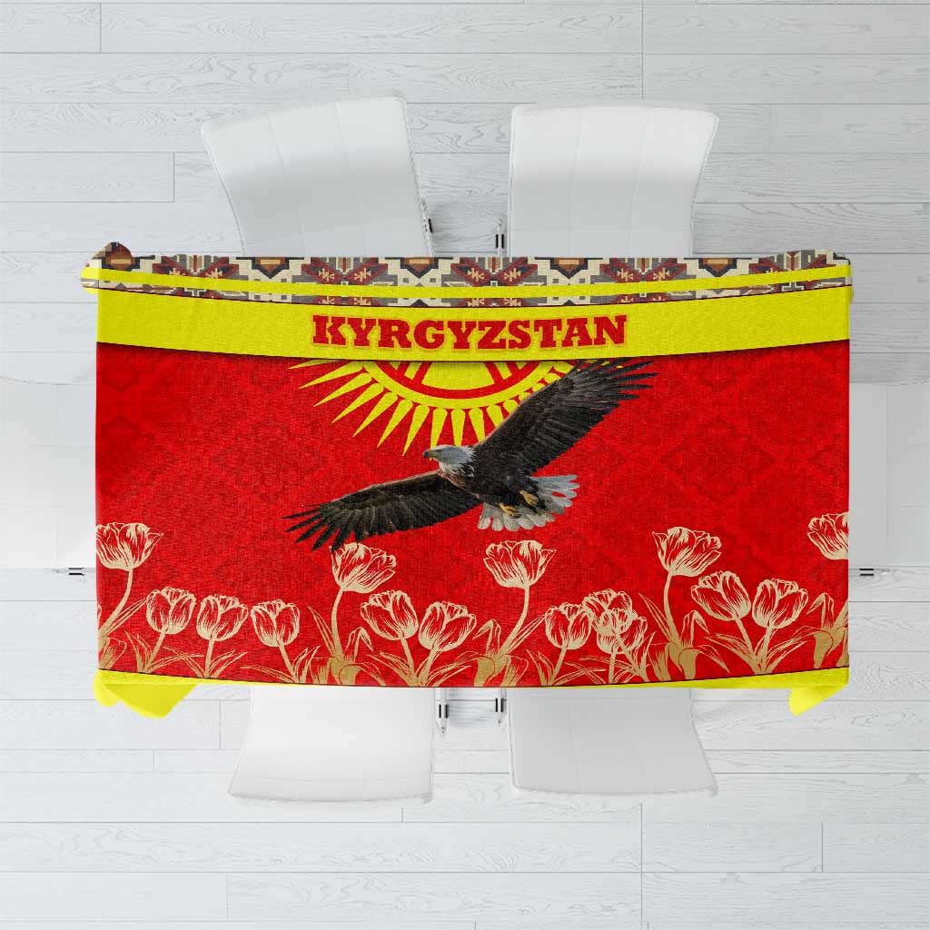 Kyrgyzstan Eagle and Tulip Tablecloth with Red Ethnic Pattern with National Sun Emblem - Wonder Print Shop