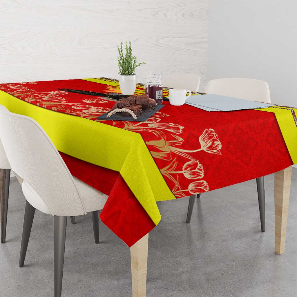 Kyrgyzstan Eagle and Tulip Tablecloth with Red Ethnic Pattern with National Sun Emblem - Wonder Print Shop