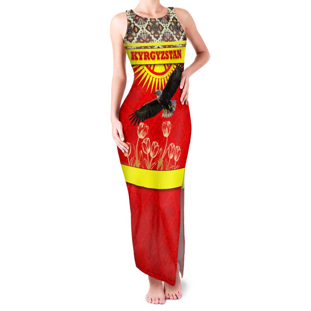 Kyrgyzstan Eagle and Tulip Tank Maxi Dress with Red Ethnic Pattern with National Sun Emblem - Wonder Print Shop