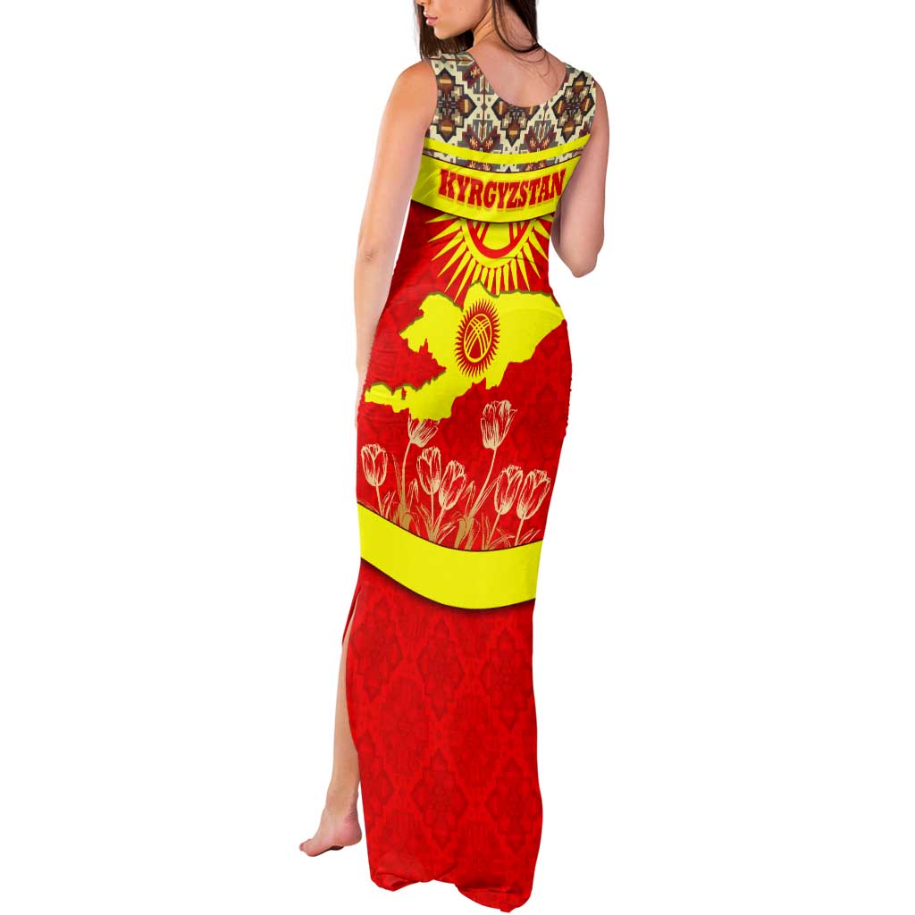 Kyrgyzstan Eagle and Tulip Tank Maxi Dress with Red Ethnic Pattern with National Sun Emblem - Wonder Print Shop