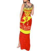 Kyrgyzstan Eagle and Tulip Tank Maxi Dress with Red Ethnic Pattern with National Sun Emblem - Wonder Print Shop