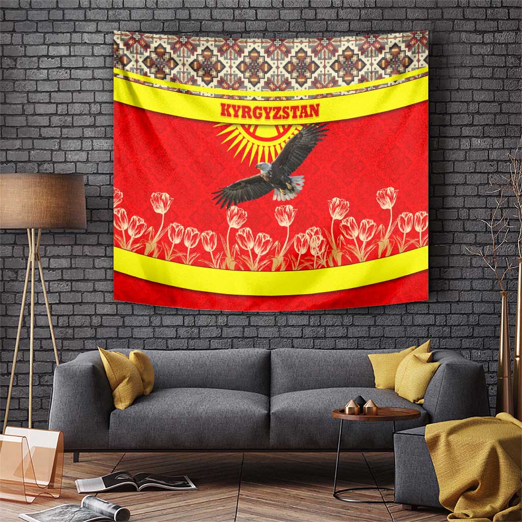 Kyrgyzstan Eagle and Tulip Tapestry with Red Ethnic Pattern with National Sun Emblem - Wonder Print Shop