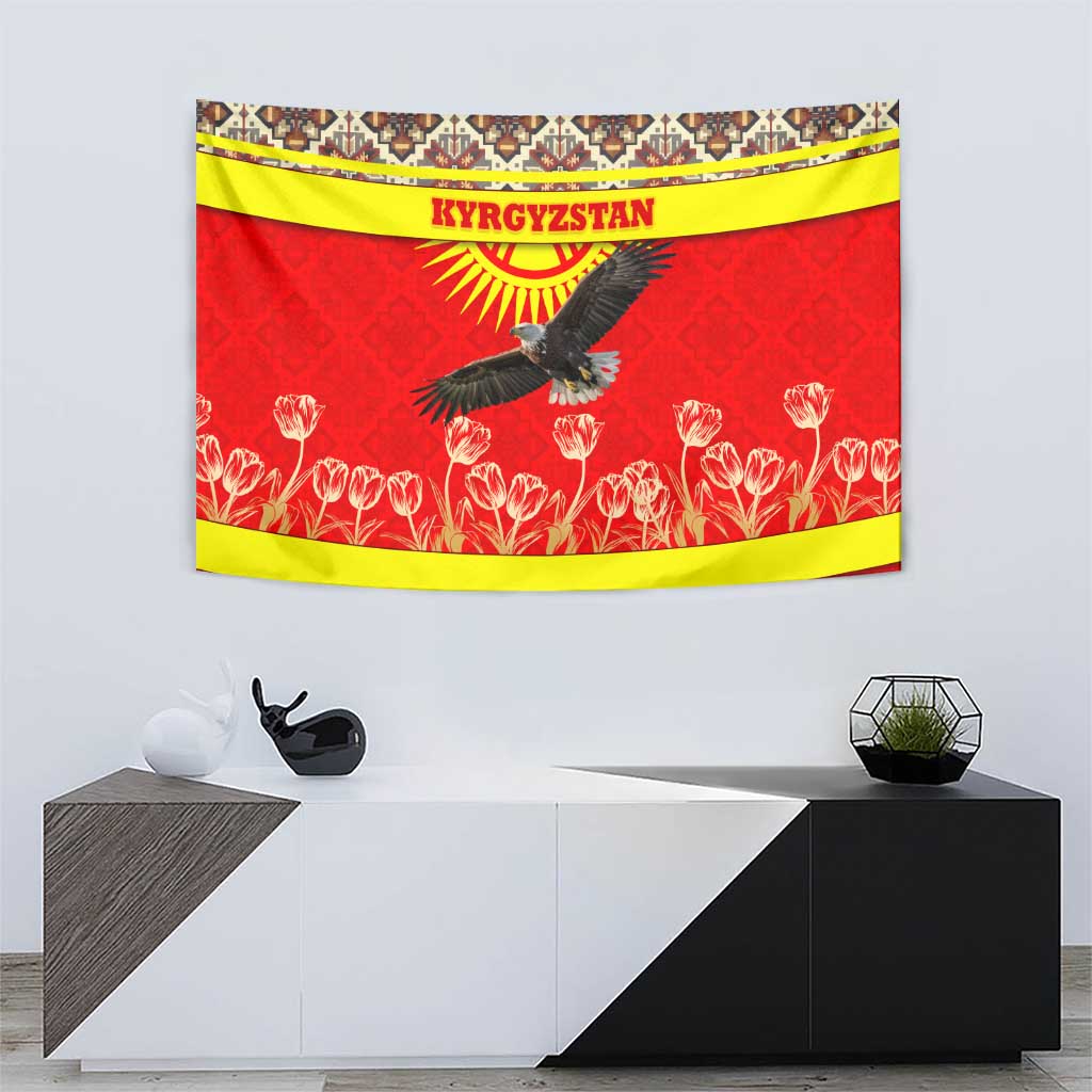 Kyrgyzstan Eagle and Tulip Tapestry with Red Ethnic Pattern with National Sun Emblem - Wonder Print Shop