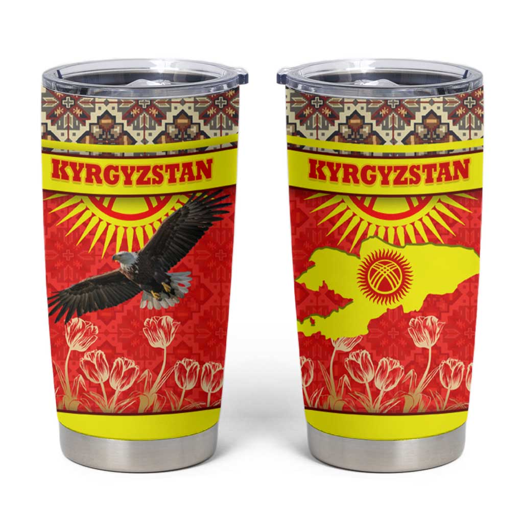 Kyrgyzstan Eagle and Tulip Tumbler Cup with Red Ethnic Pattern with National Sun Emblem - Wonder Print Shop