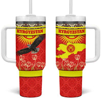 Kyrgyzstan Eagle and Tulip Tumbler With Handle with Red Ethnic Pattern with National Sun Emblem - Wonder Print Shop