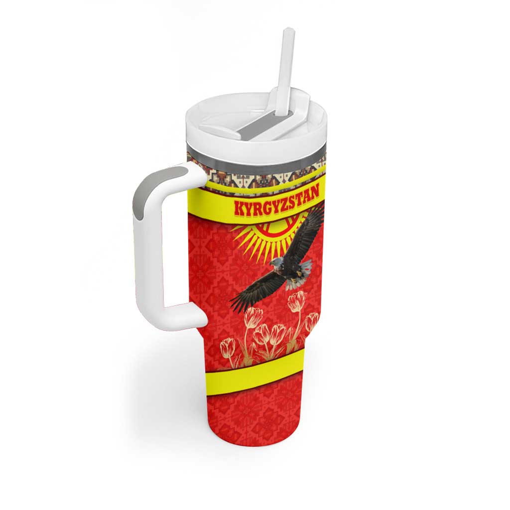 Kyrgyzstan Eagle and Tulip Tumbler With Handle with Red Ethnic Pattern with National Sun Emblem - Wonder Print Shop