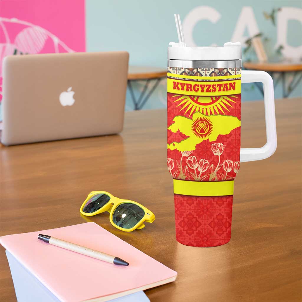 Kyrgyzstan Eagle and Tulip Tumbler With Handle with Red Ethnic Pattern with National Sun Emblem - Wonder Print Shop