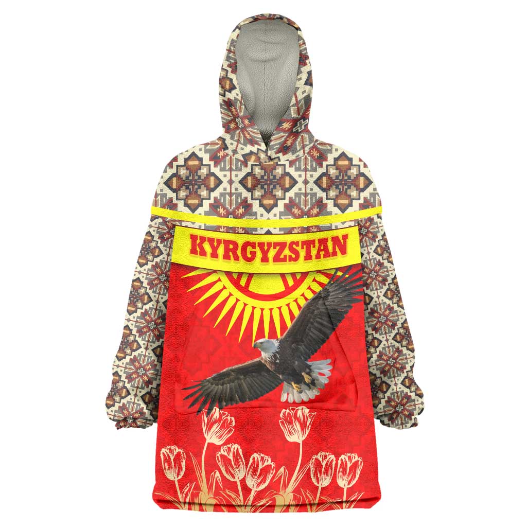 Kyrgyzstan Eagle and Tulip Wearable Blanket Hoodie with Red Ethnic Pattern with National Sun Emblem - Wonder Print Shop