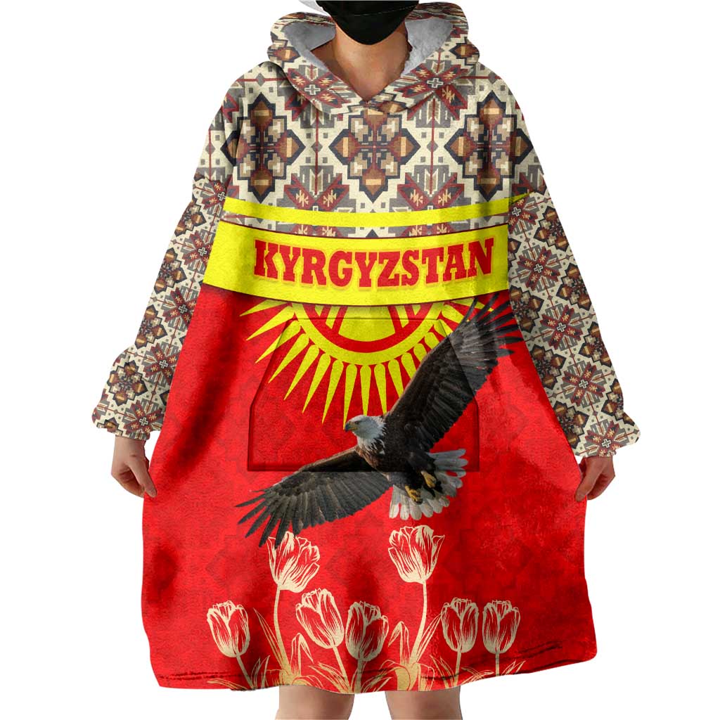 Kyrgyzstan Eagle and Tulip Wearable Blanket Hoodie with Red Ethnic Pattern with National Sun Emblem - Wonder Print Shop