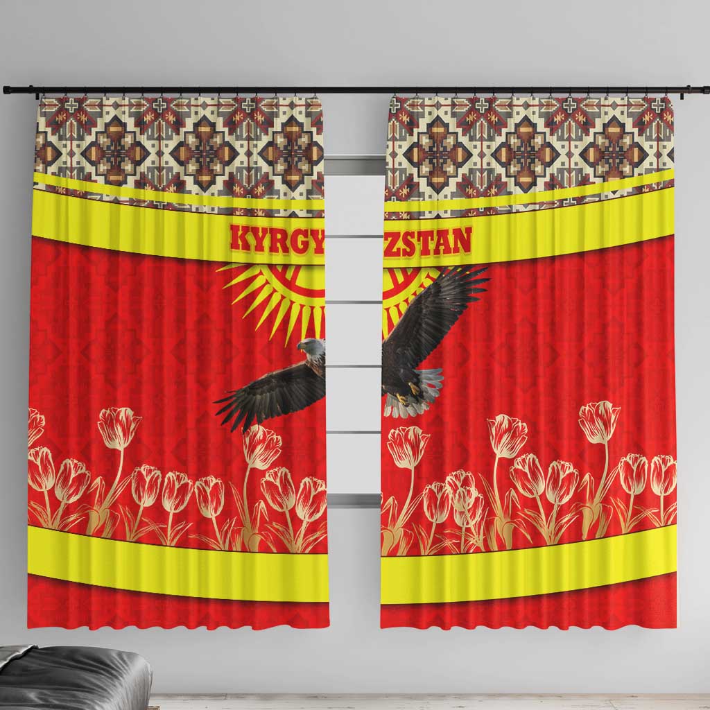 Kyrgyzstan Eagle and Tulip Window Curtain with Red Ethnic Pattern with National Sun Emblem - Wonder Print Shop