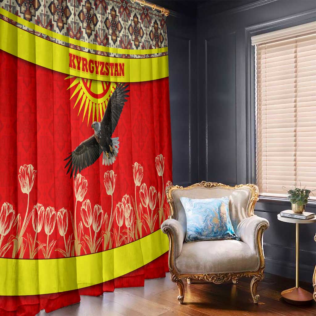 Kyrgyzstan Eagle and Tulip Window Curtain with Red Ethnic Pattern with National Sun Emblem - Wonder Print Shop