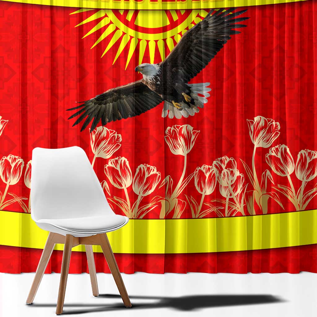 Kyrgyzstan Eagle and Tulip Window Curtain with Red Ethnic Pattern with National Sun Emblem - Wonder Print Shop